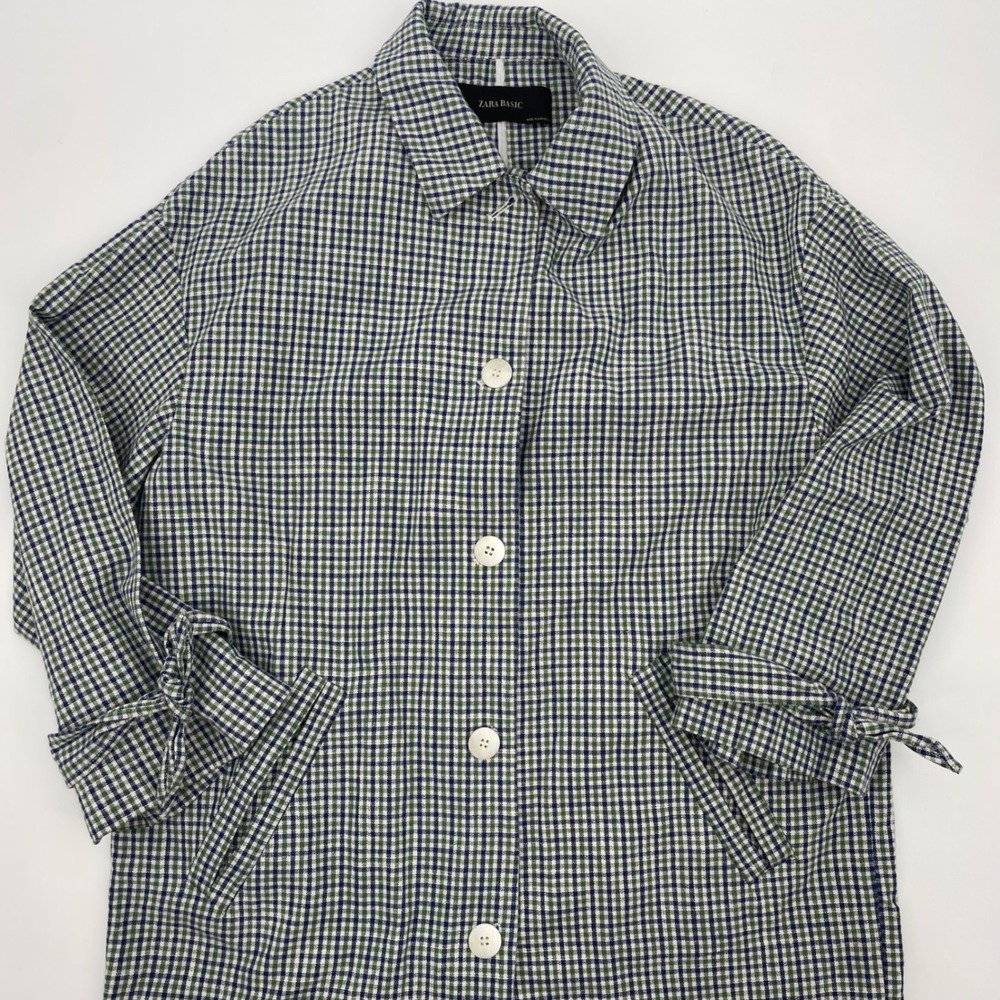 Zara Basic Gingham Check Long Coat Green Blue Whi… - image 11